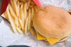 French fries and cheeseburger