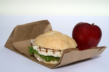 Grilled chicken sandwich and red apple