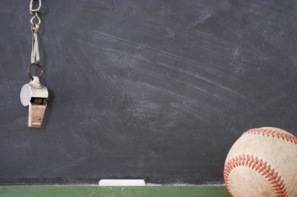 Blackboard, whistle and baseball